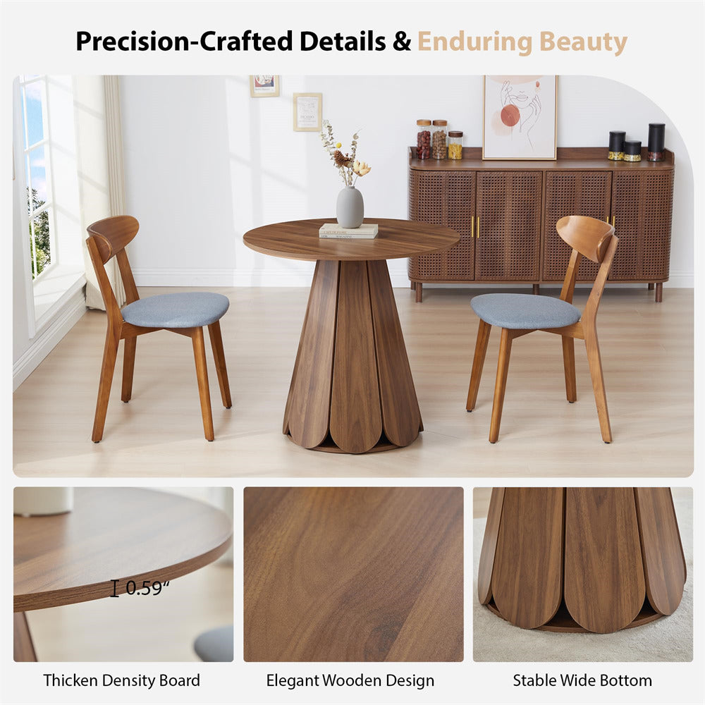 Wooden dining table with chairs in a room setting, highlighting design features.