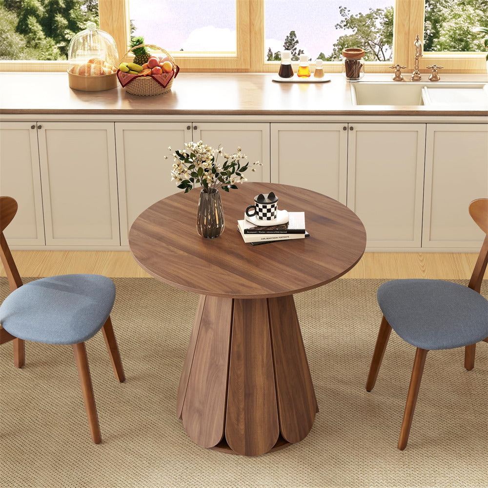 Wooden dining table with chairs in a kitchen setting