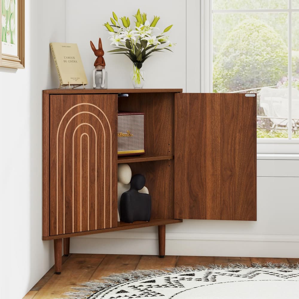Walnut 31" Arched Fluted Corner Storage Cabinet Sideboard with adjustable shelf