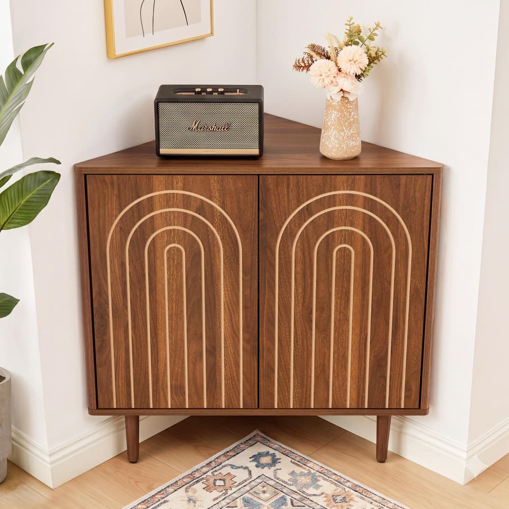 Walnut 31" Arched Fluted Corner Storage Cabinet Sideboard with adjustable shelf
