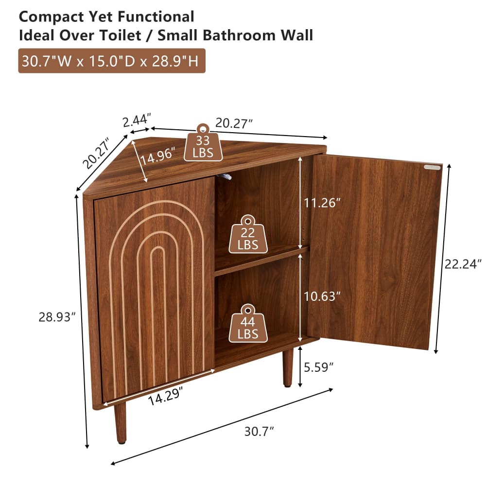 Walnut 31" Arched Fluted Corner Storage Cabinet Sideboard with adjustable shelf