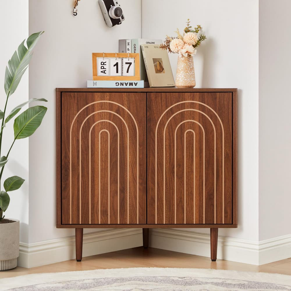 Walnut 31" Arched Fluted Corner Storage Cabinet Sideboard with adjustable shelf