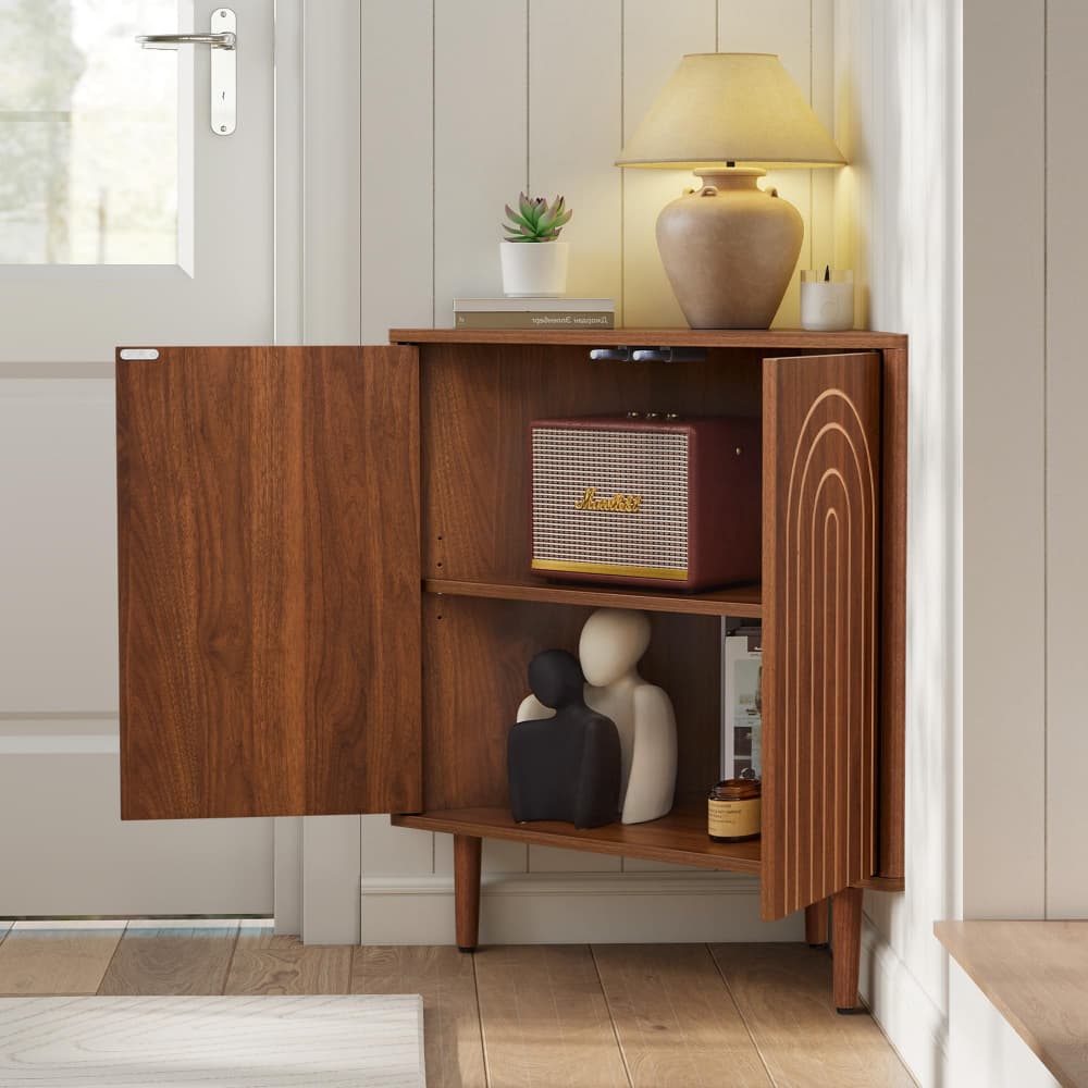 Walnut 31" Arched Fluted Corner Storage Cabinet Sideboard with adjustable shelf