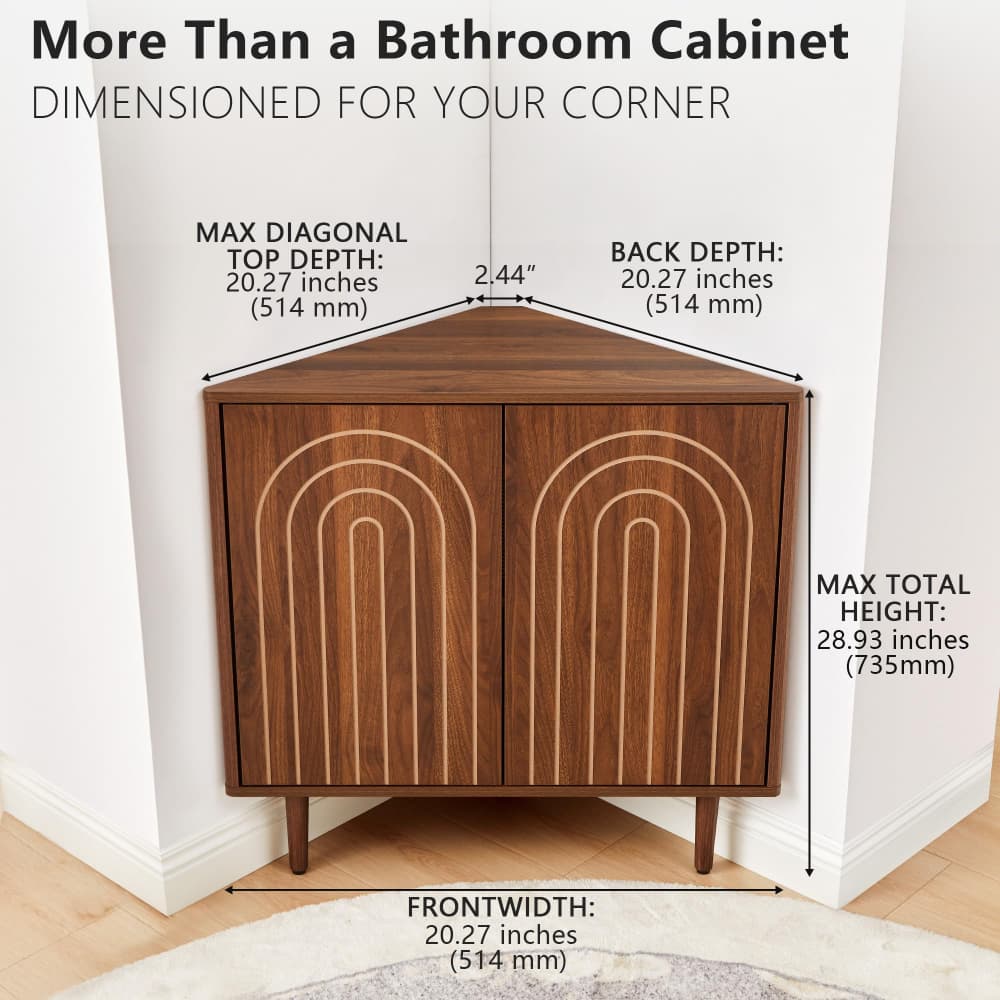 Walnut 31" Arched Fluted Corner Storage Cabinet Sideboard with adjustable shelf