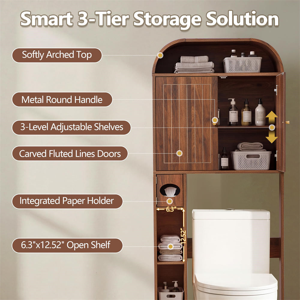 Wooden storage cabinet with shelves and a toilet, featuring text on its features.