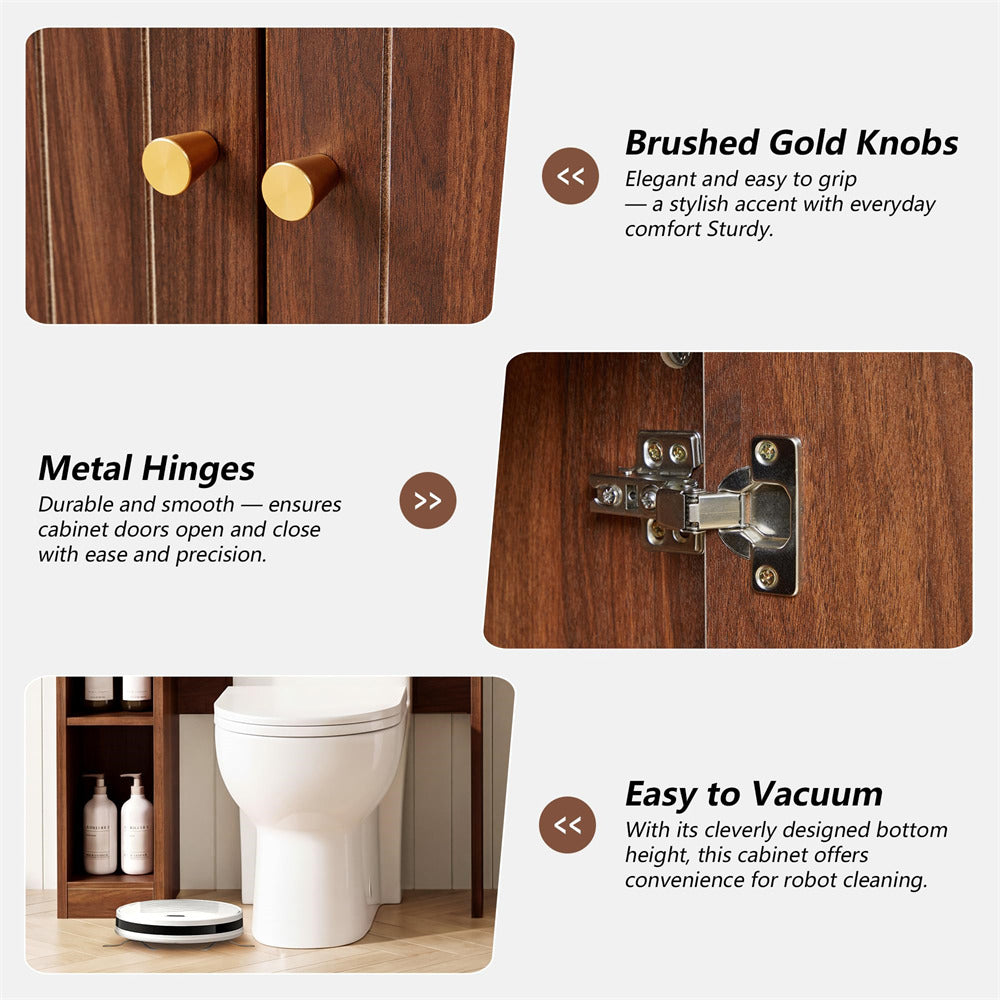 Wooden cabinet with brushed gold knobs and metal hinges, shown with a toilet in the background.