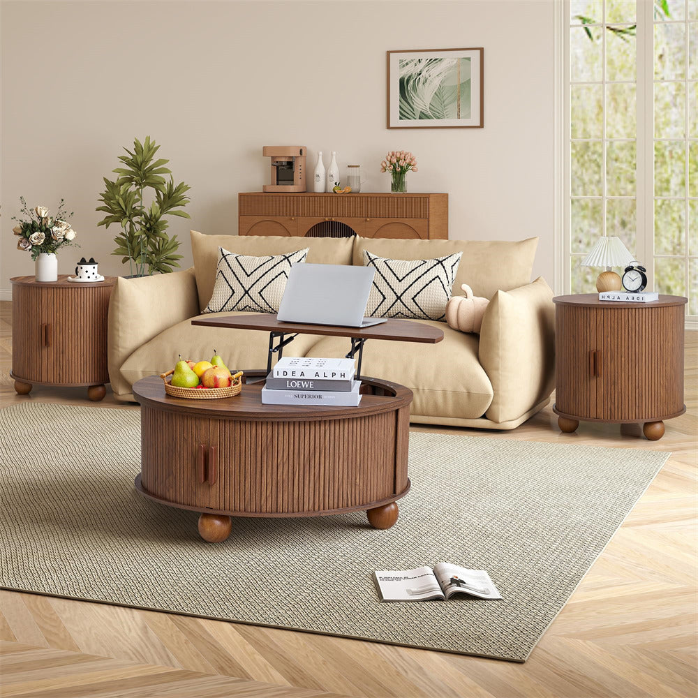 Walnut 33.5" Farmhouse Wood Round Lift-Top Coffee Table with Sliding Door & Ball Legs