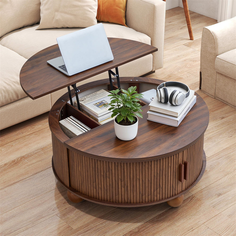 Walnut 33.5" Farmhouse Wood Round Lift-Top Coffee Table with Sliding Door & Ball Legs
