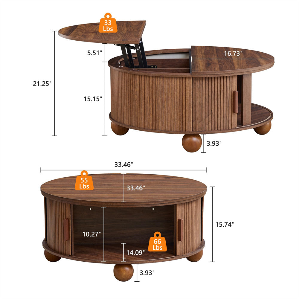 Wooden coffee table with dimensions and weight indicators on a white background
