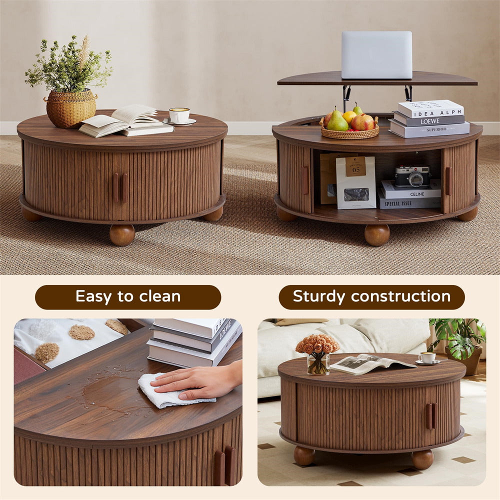 Walnut 33.5" Farmhouse Wood Round Lift-Top Coffee Table with Sliding Door & Ball Legs