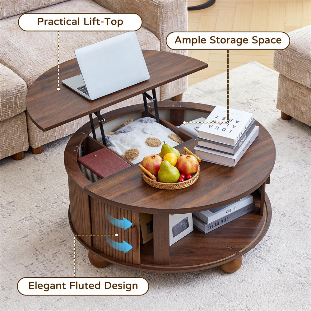 Wooden coffee table with lift-top feature, books, fruits, and a laptop on a living room floor.