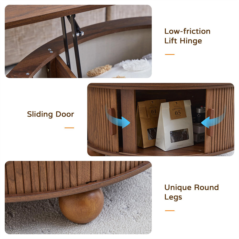 Wooden storage cart with sliding door, low-friction lift hinge, and round legs on a white background.