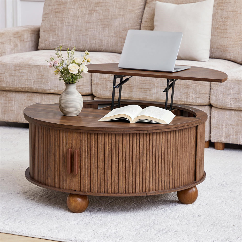 Walnut 33.5" Farmhouse Wood Round Lift-Top Coffee Table with Sliding Door & Ball Legs