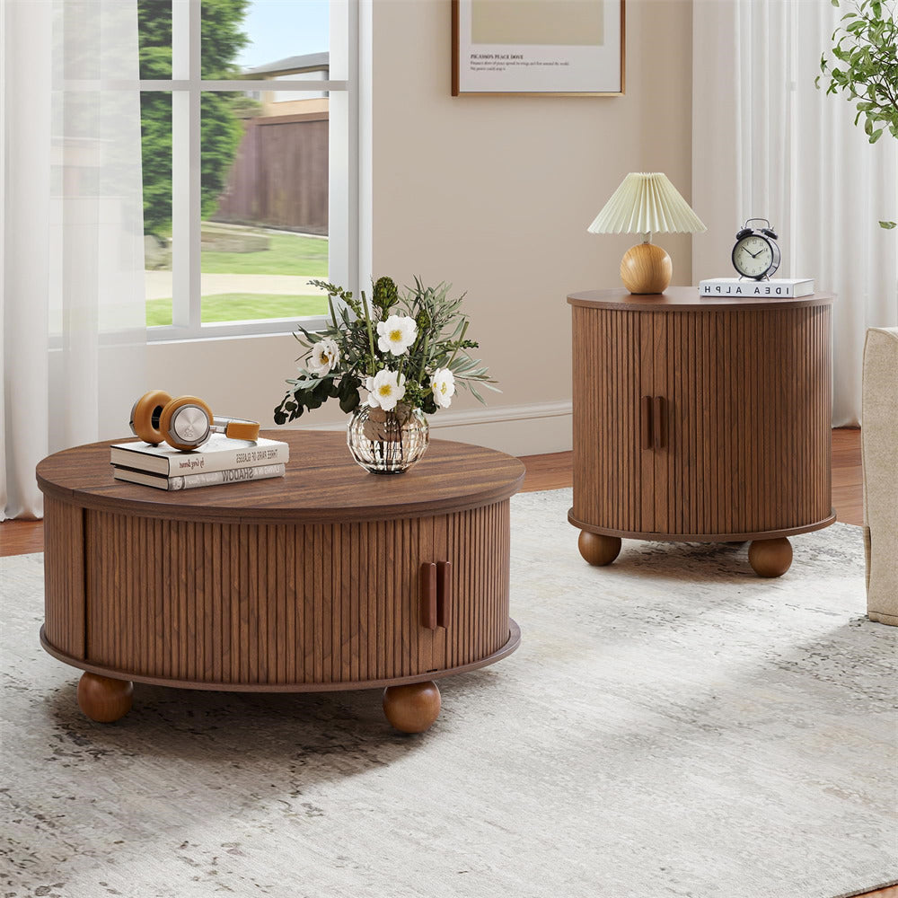 Wooden coffee table and side table in a living room setting with decor items.