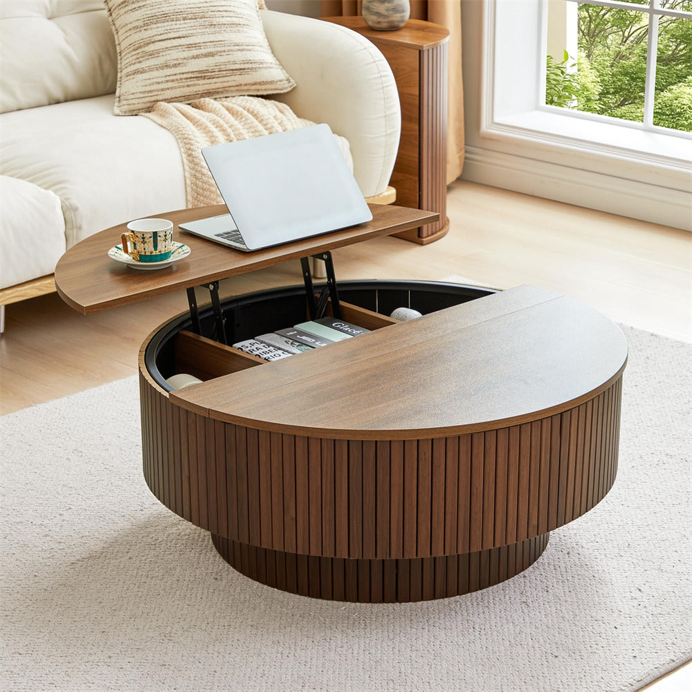 Walnut 33" Modern Fluted Round Coffee Table with Lift-Top & Flip-Top Storage