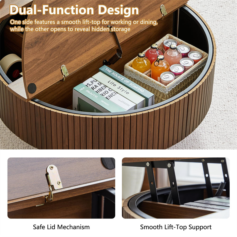 Round wooden table with dual-function design, showing a smooth lift-top and hidden storage.