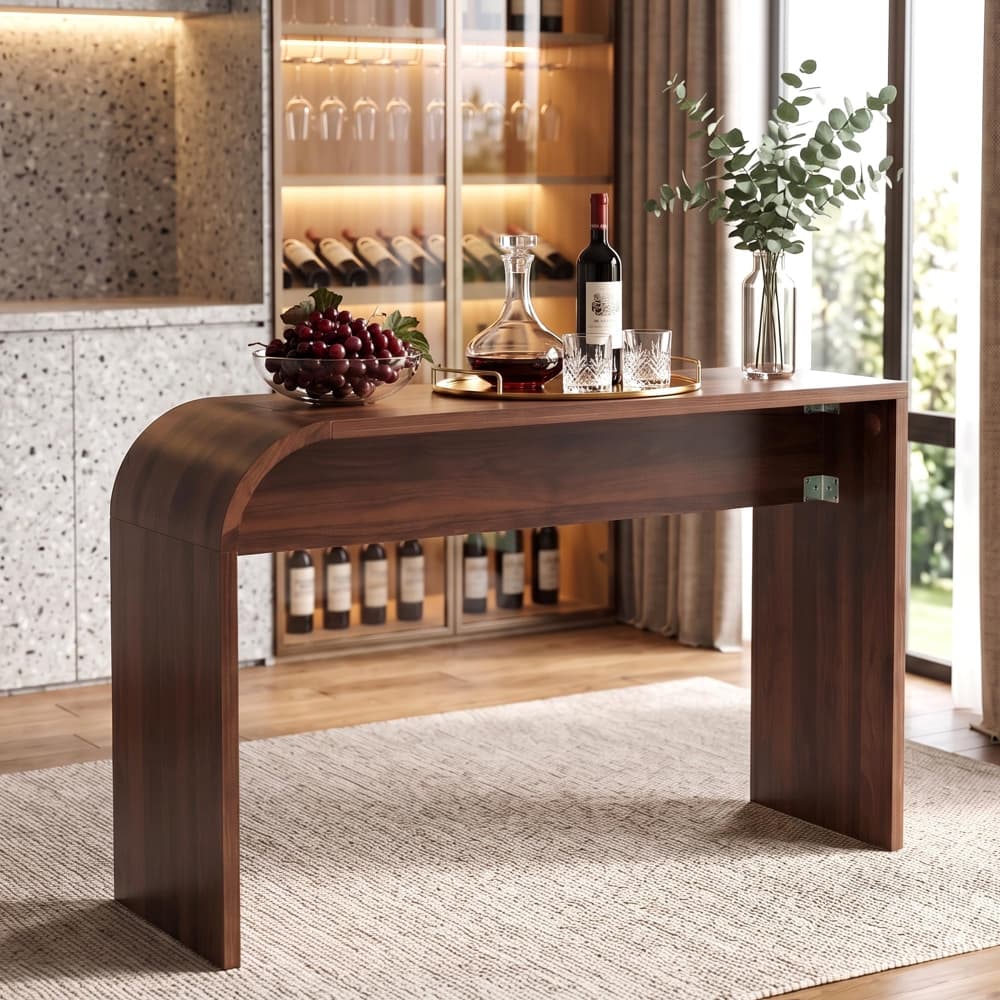 Walnut 35.43"Tall Curved Counter Height Bar Table Narrow High Top Pub Dining Table