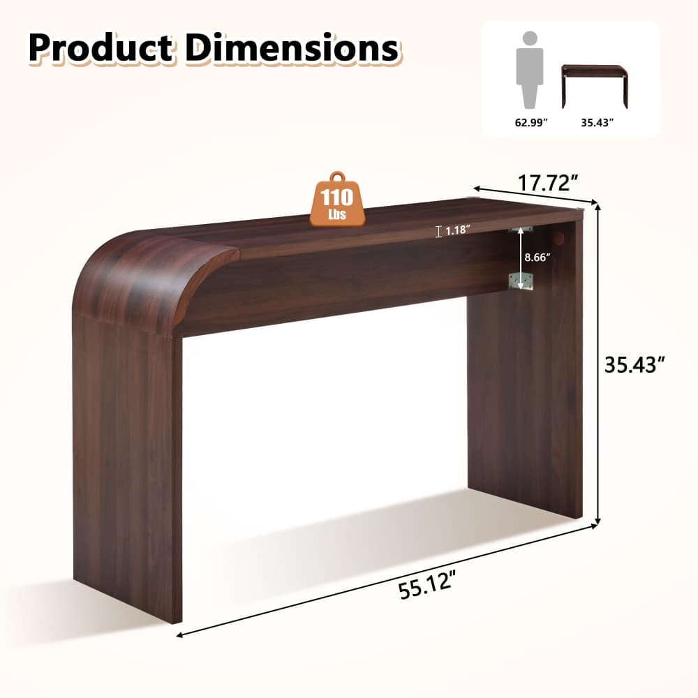 Product dimensions diagram of a dark brown wooden console table on a light beige background, showing measurements for width, height, depth, and weight.