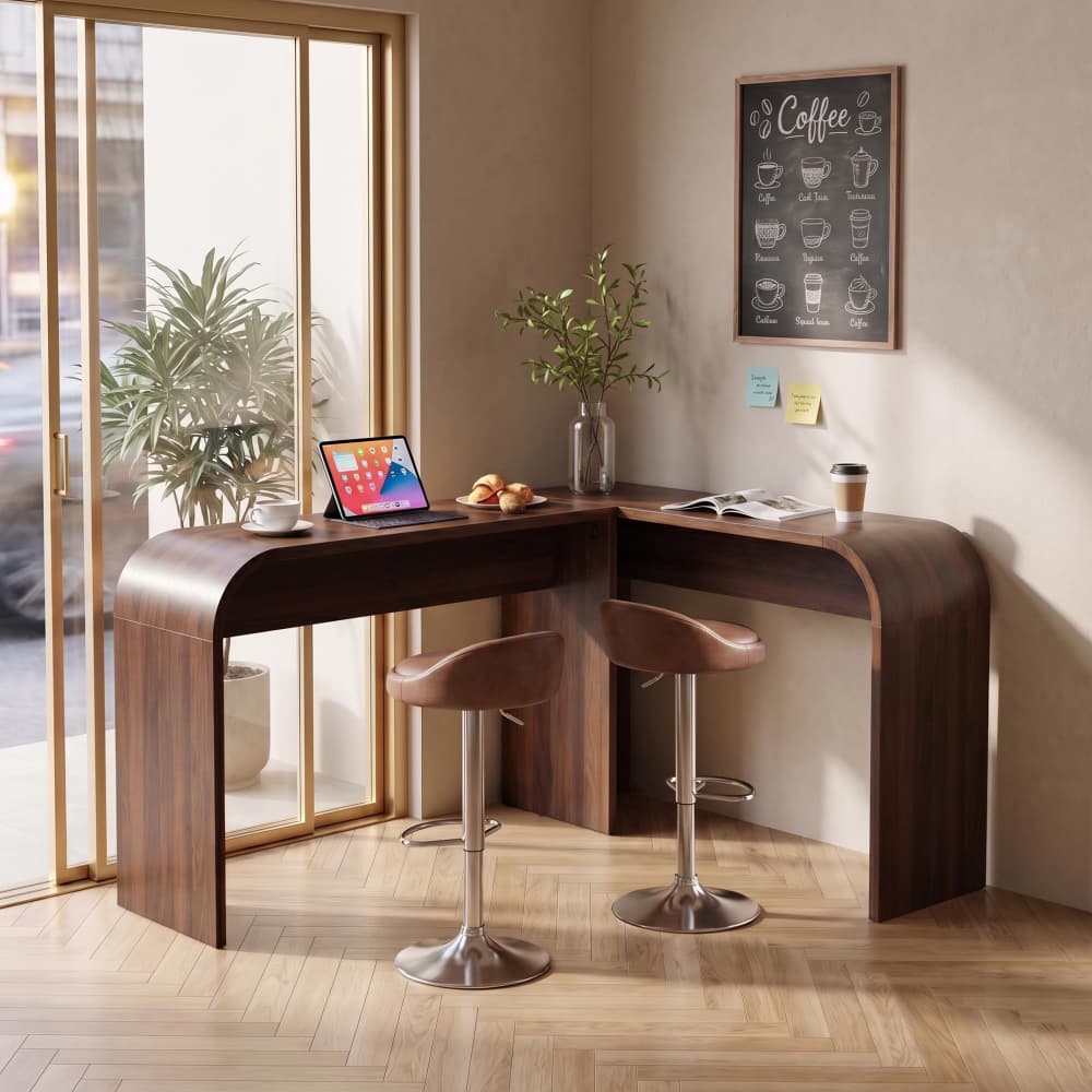 Walnut 35.43"Tall Curved Counter Height Bar Table Narrow High Top Pub Dining Table
