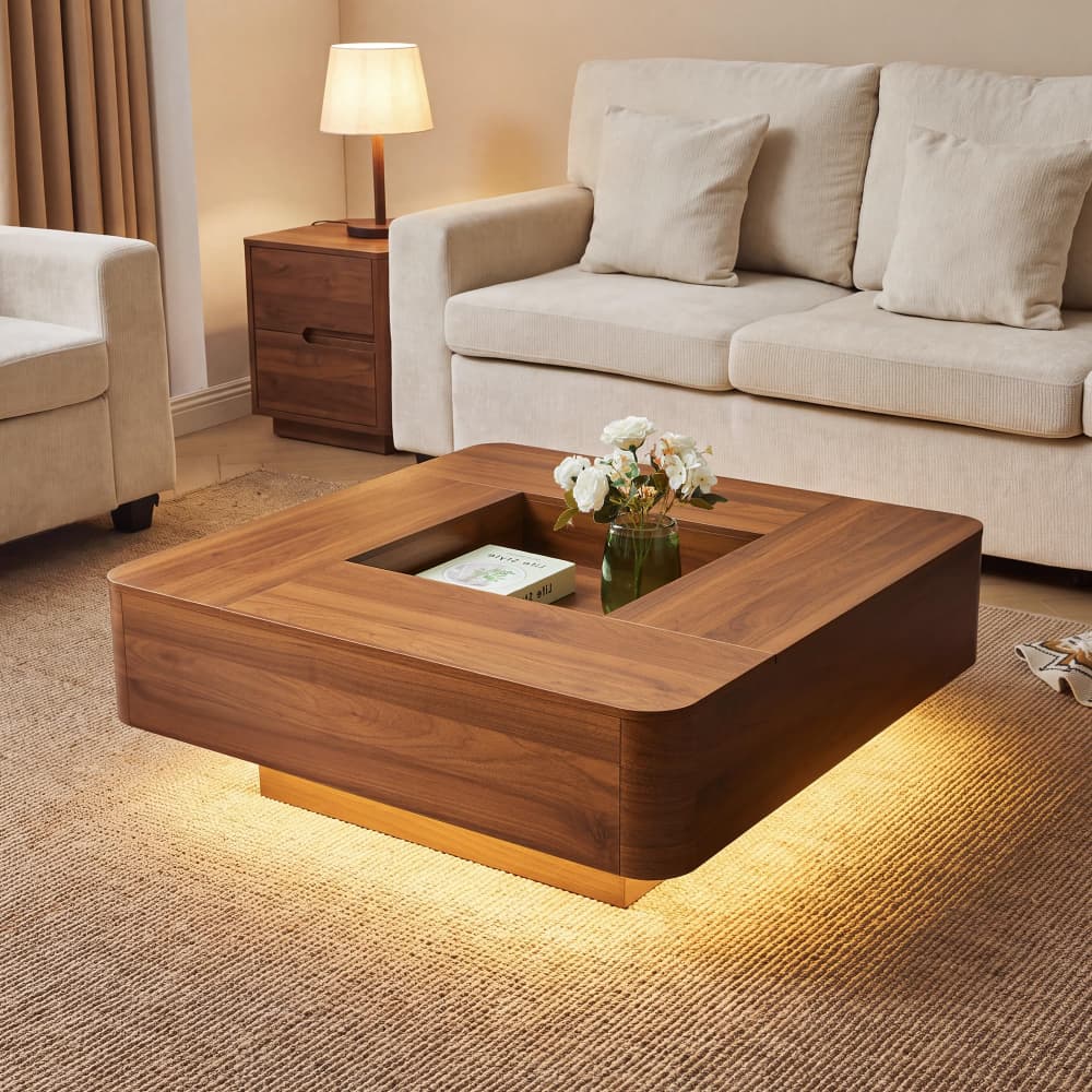 Walnut 35.4" Modern Square Coffee Table Recessed Hollow Center with RGB LED Lights