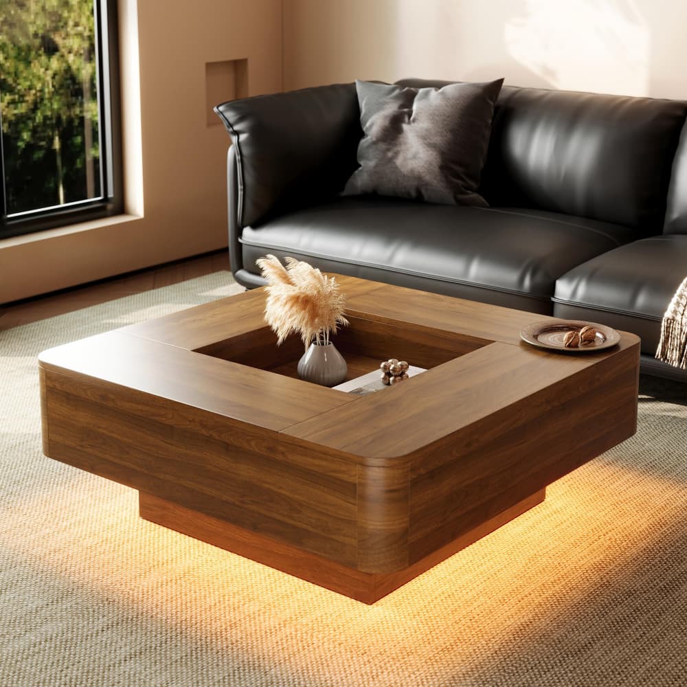 Walnut 35.4" Modern Square Coffee Table Recessed Hollow Center with RGB LED Lights