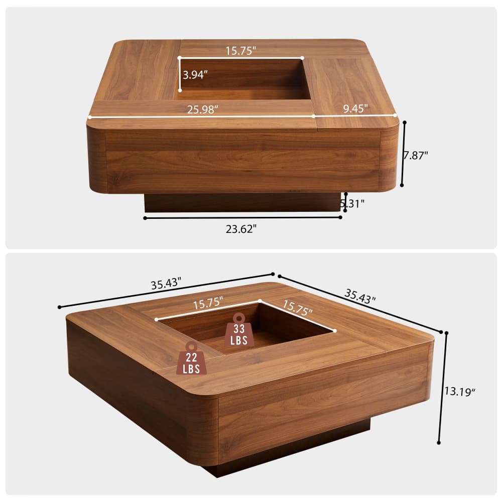Walnut 35.4" Modern Square Coffee Table Recessed Hollow Center with RGB LED Lights Size