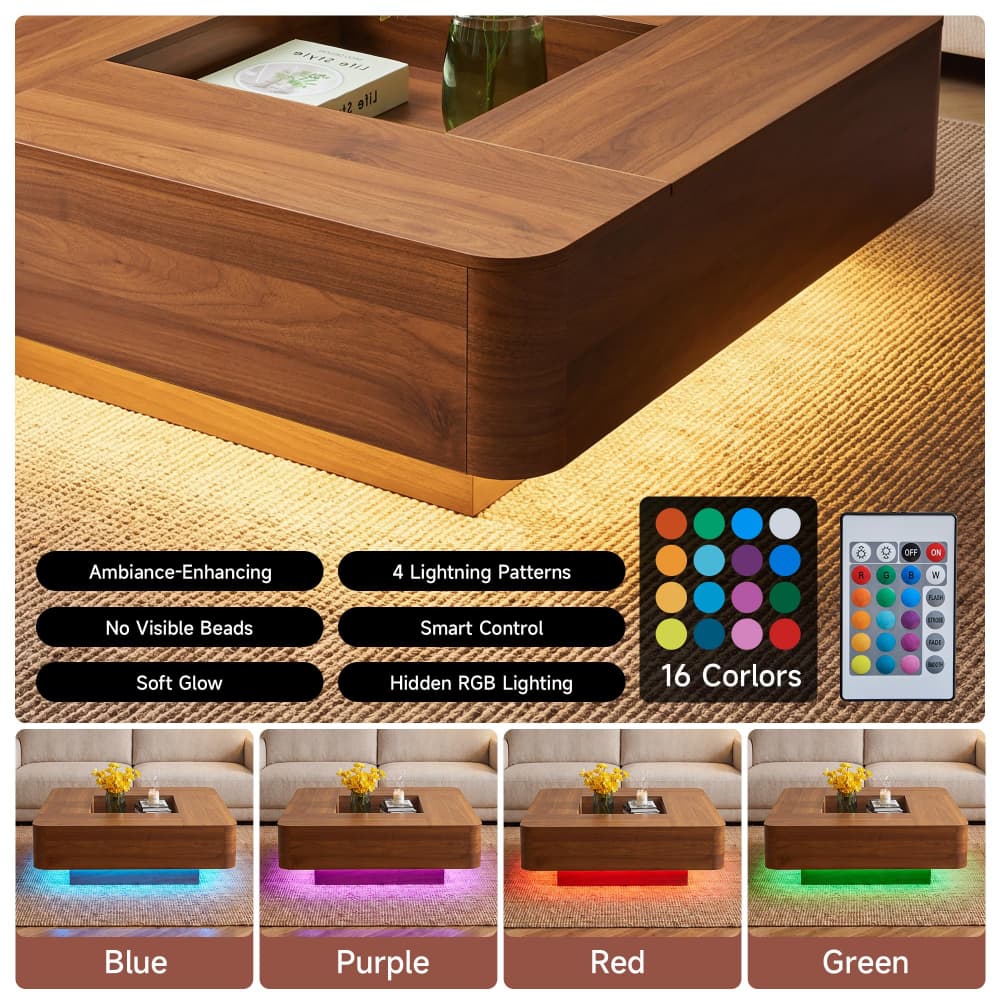 Walnut 35.4" Modern Square Coffee Table Recessed Hollow Center with RGB LED Lights