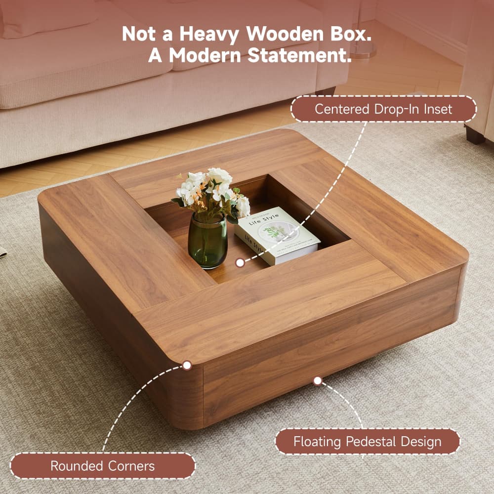 Walnut 35.4" Modern Square Coffee Table Recessed Hollow Center with RGB LED Lights