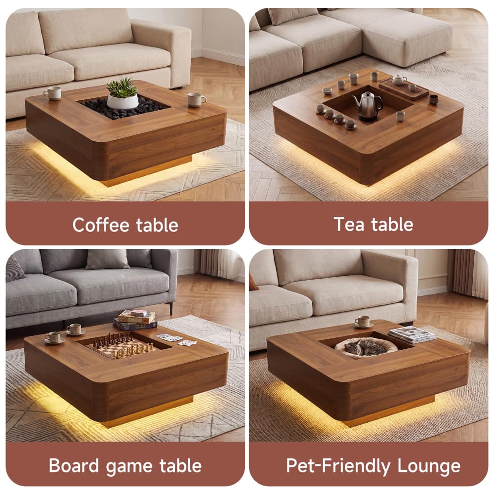 Walnut 35.4" Modern Square Coffee Table Recessed Hollow Center with RGB LED Lights
