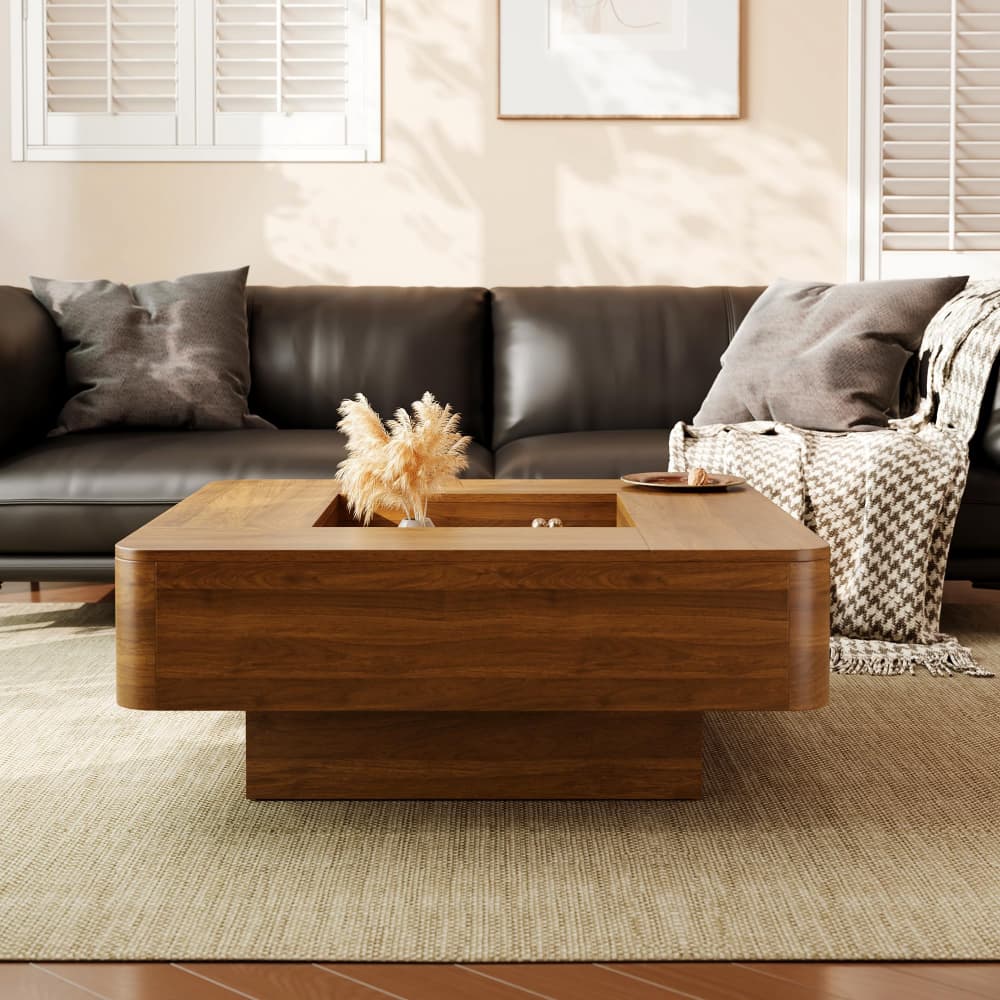 Walnut 35.4" Modern Square Coffee Table Recessed Hollow Center with RGB LED Lights