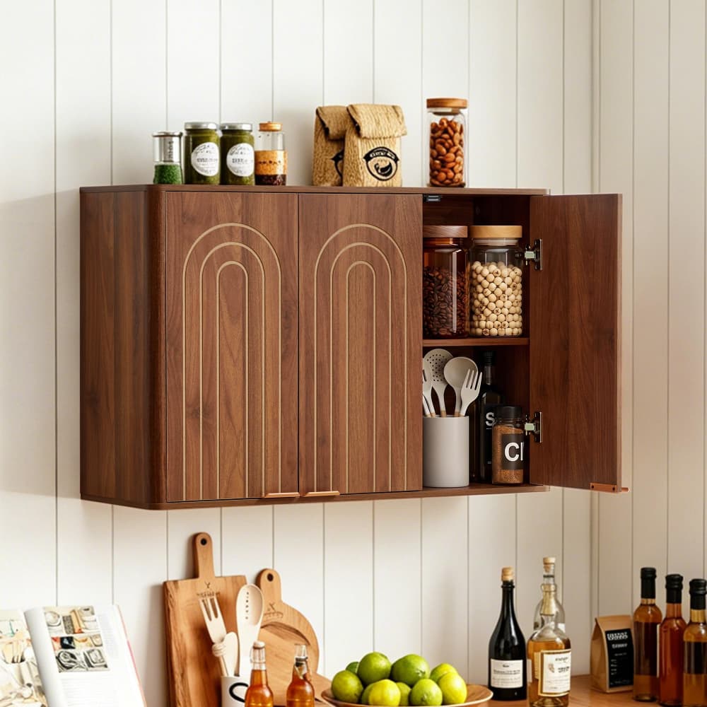 Walnut 35.4" Wooden Wall Mounted Bathroom Cabinet with 3 Doors and Adjustable Shelves