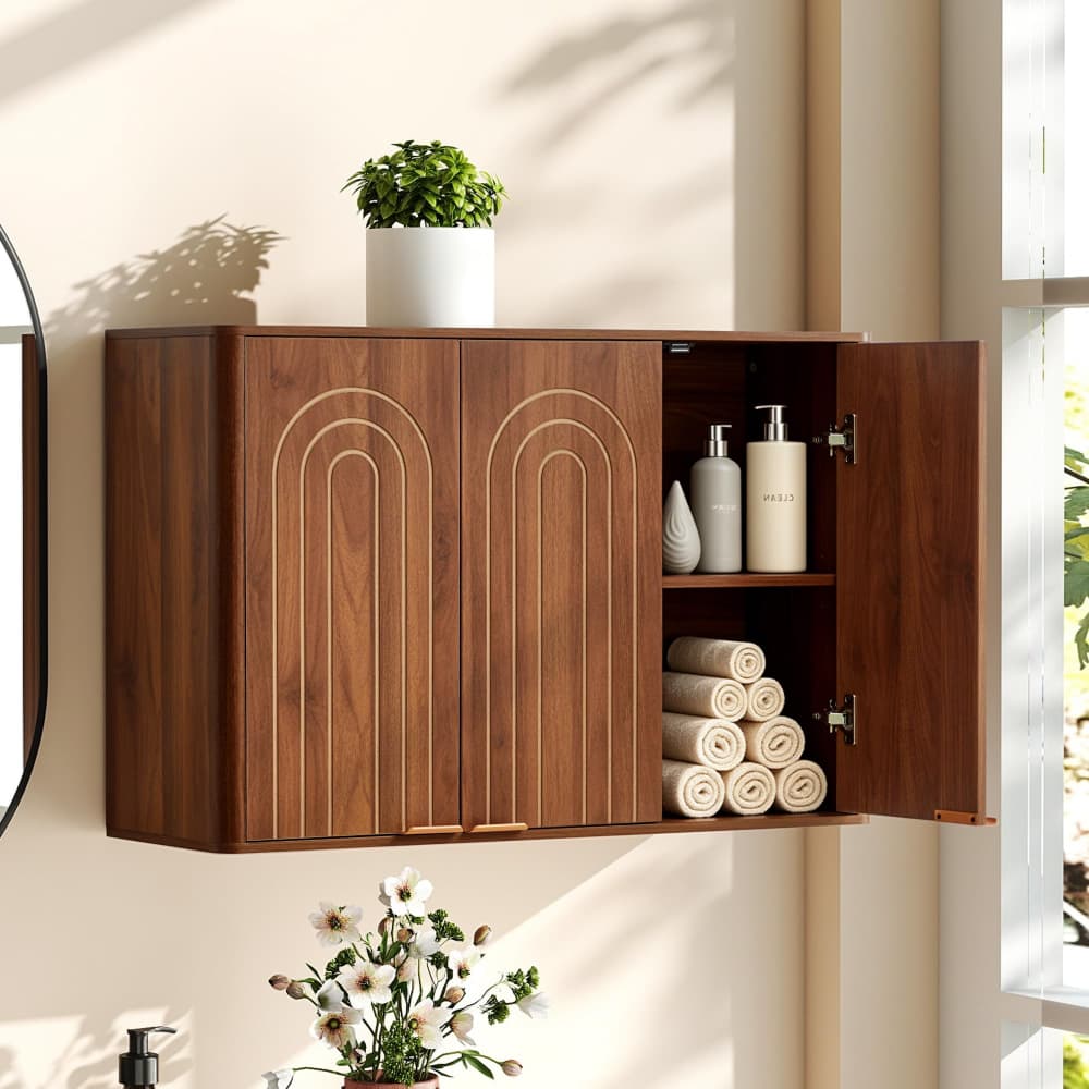 Walnut 35.4" Wooden Wall Mounted Bathroom Cabinet with 3 Doors and Adjustable Shelves