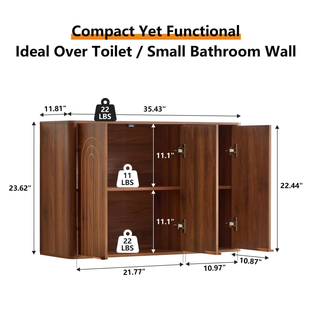 Walnut 35.4" Wooden Wall Mounted Bathroom Cabinet with 3 Doors and Adjustable Shelves