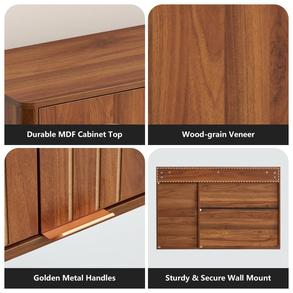 Walnut 35.4" Wooden Wall Mounted Bathroom Cabinet with 3 Doors and Adjustable Shelves