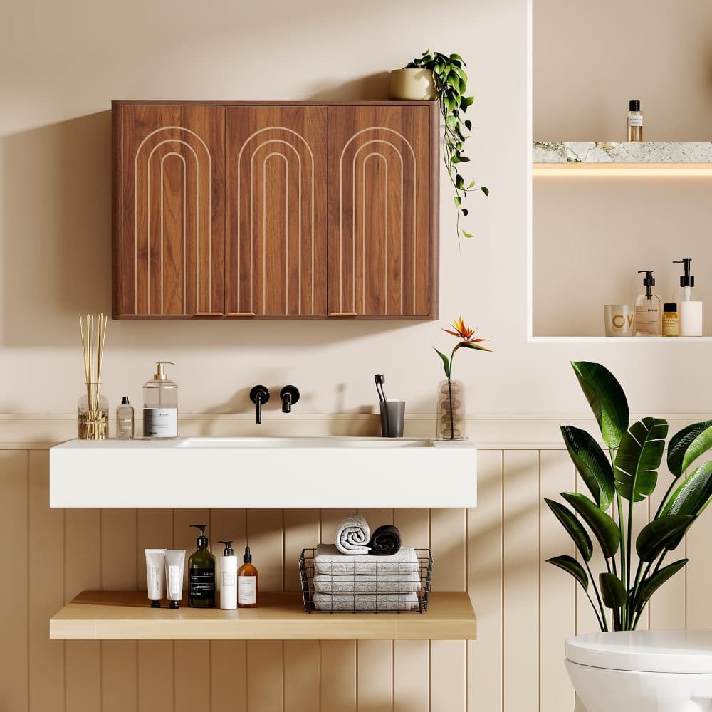 Walnut 35.4" Wooden Wall Mounted Bathroom Cabinet with 3 Doors and Adjustable Shelves