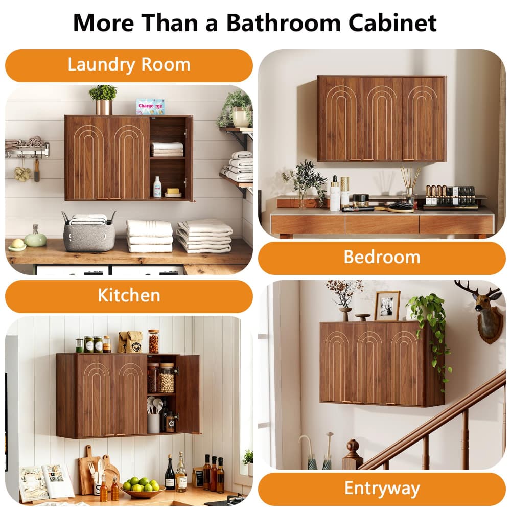 Walnut 35.4" Wooden Wall Mounted Bathroom Cabinet with 3 Doors and Adjustable Shelves
