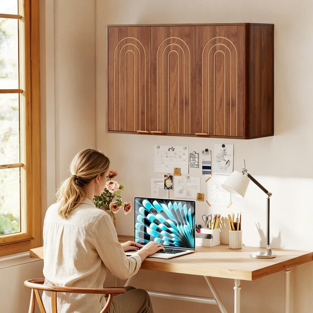 Walnut 35.4" Wooden Wall Mounted Bathroom Cabinet with 3 Doors and Adjustable Shelves