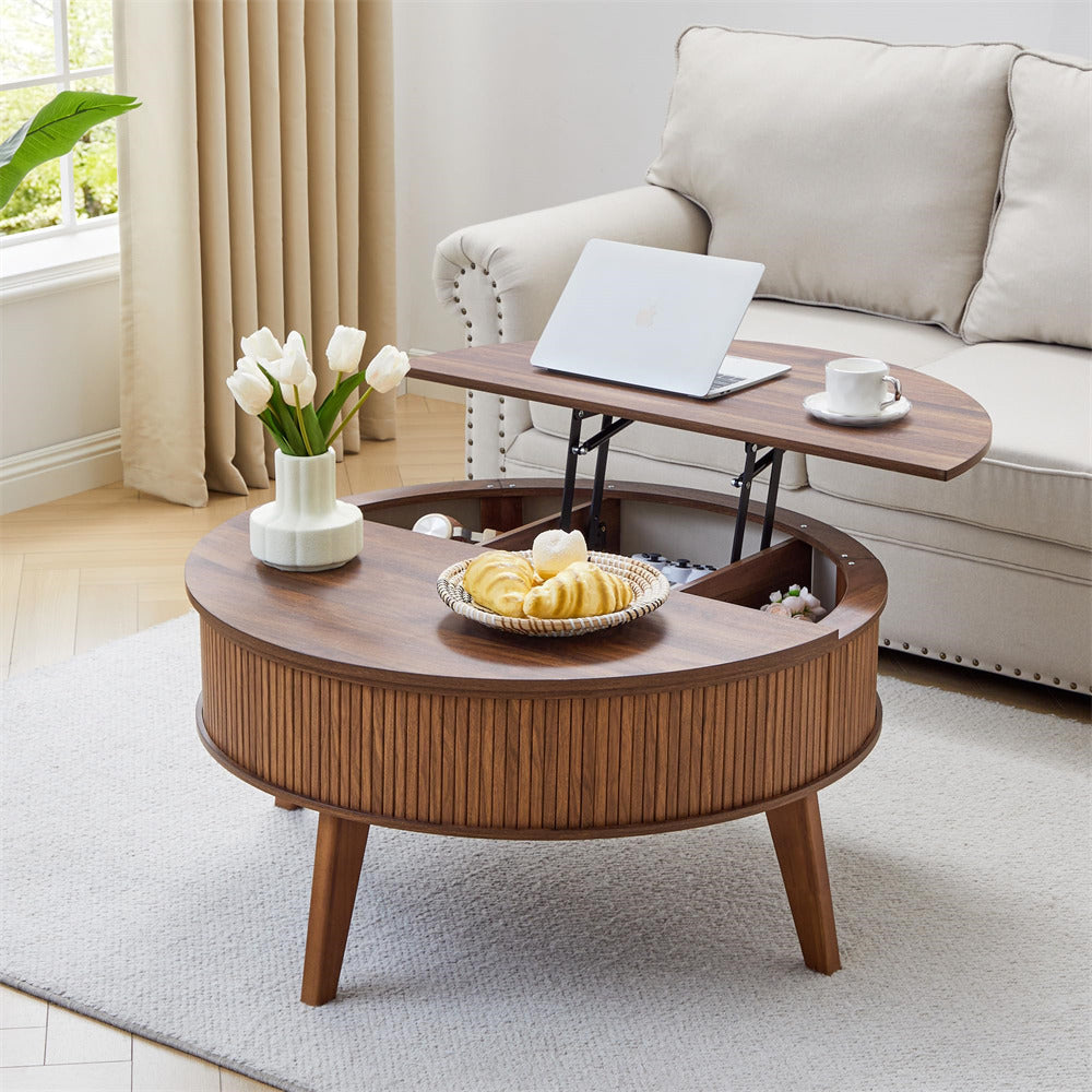 Wooden coffee table with lift-top feature in a living room setting