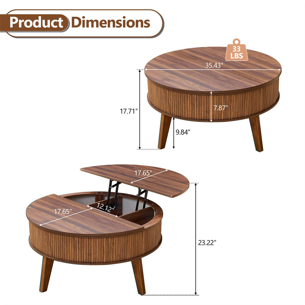 Wooden coffee table with lift-top feature and dimensions displayed.