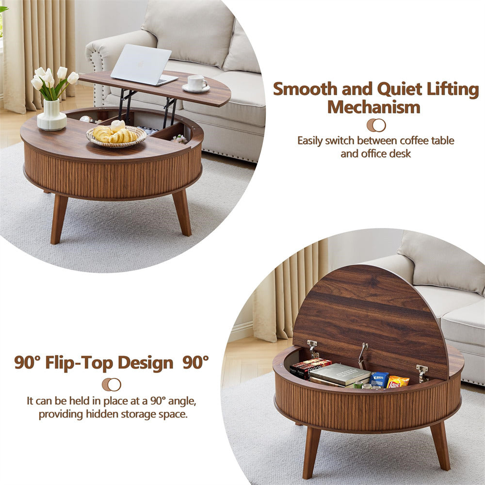 Wooden coffee table with flip-top design in a living room setting