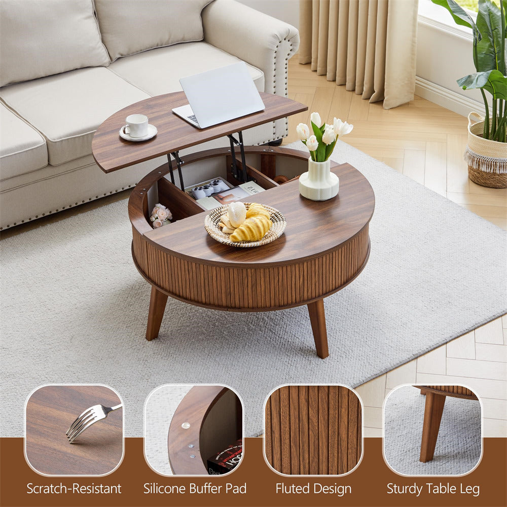 Wooden coffee table with lift-top feature in a living room setting
