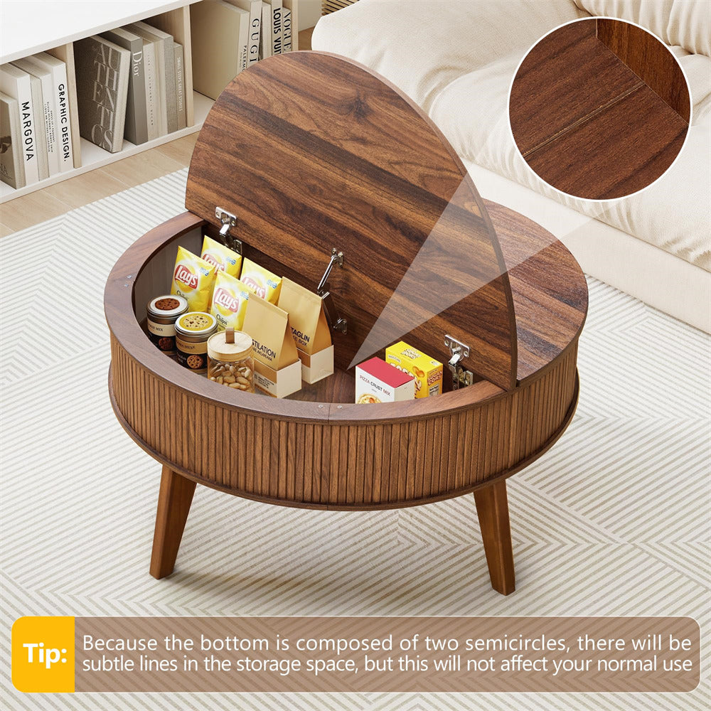 Wooden coffee table with storage compartments in a living room setting