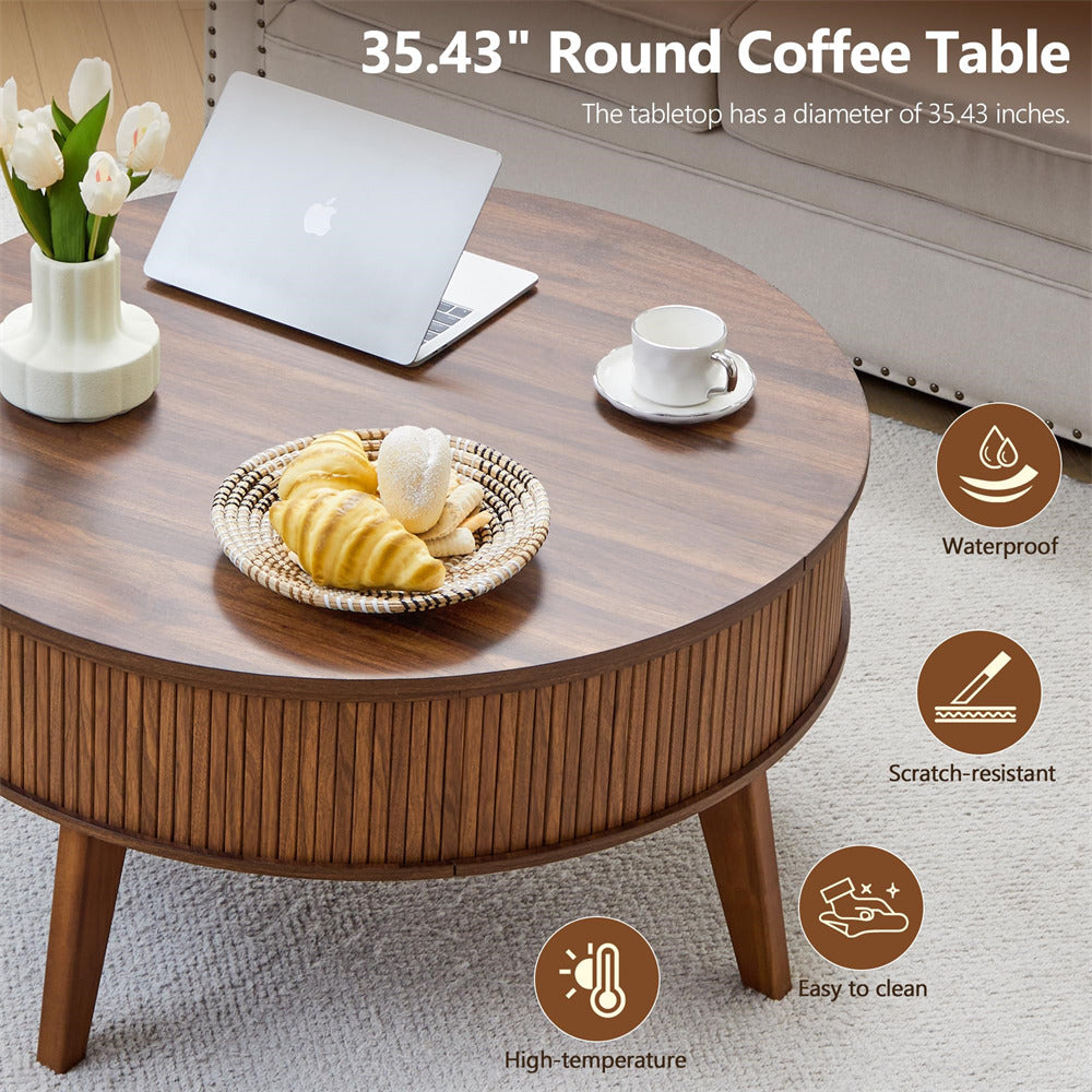 Round wooden coffee table with a laptop, cup, and bread on top, featuring product details and icons.