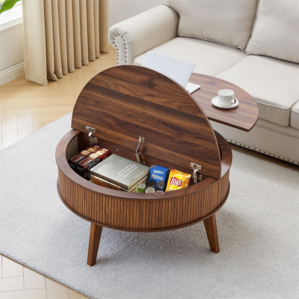 Wooden coffee table with storage compartments in a living room setting
