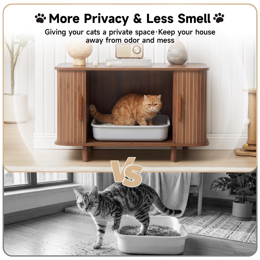 Cat using a enclosed litter box with text about privacy and smell.