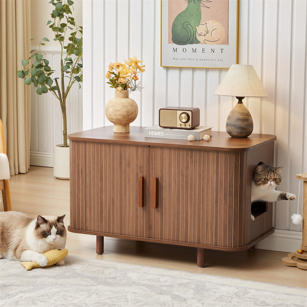 Walnut 35" Fluted Cat Litter Box Enclosure Furniture with Litter Collector and Sliding Door