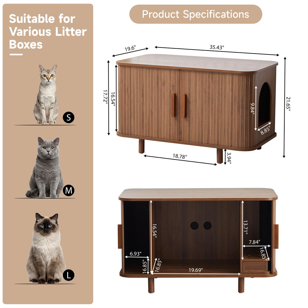 Wooden cat house with dimensions and compatibility for different litter box sizes.