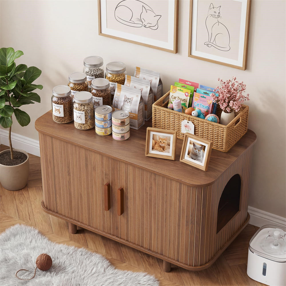 Wooden pet furniture with pet supplies on a wooden floor.