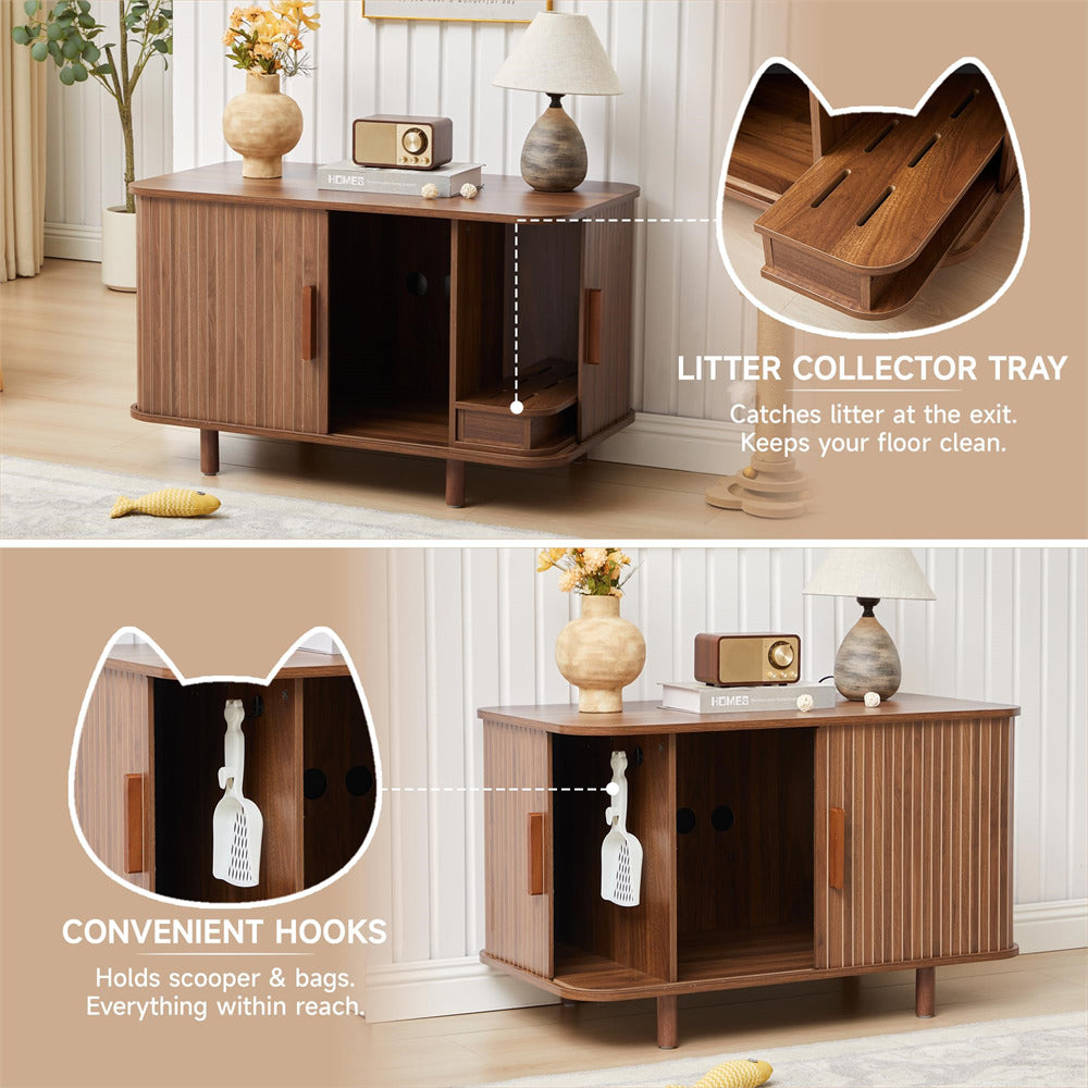 Wooden pet furniture with litter collector tray and hooks in a room setting.