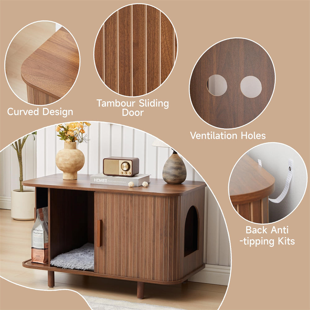 Wooden pet furniture with features highlighted on a beige background
